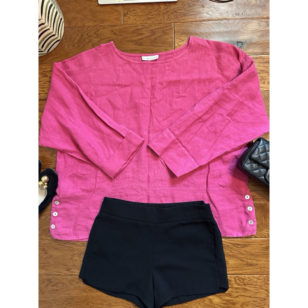 Bryn Walker USA 100% Linen Magenta Pink Top Shell Button Lagenlook Boxy
